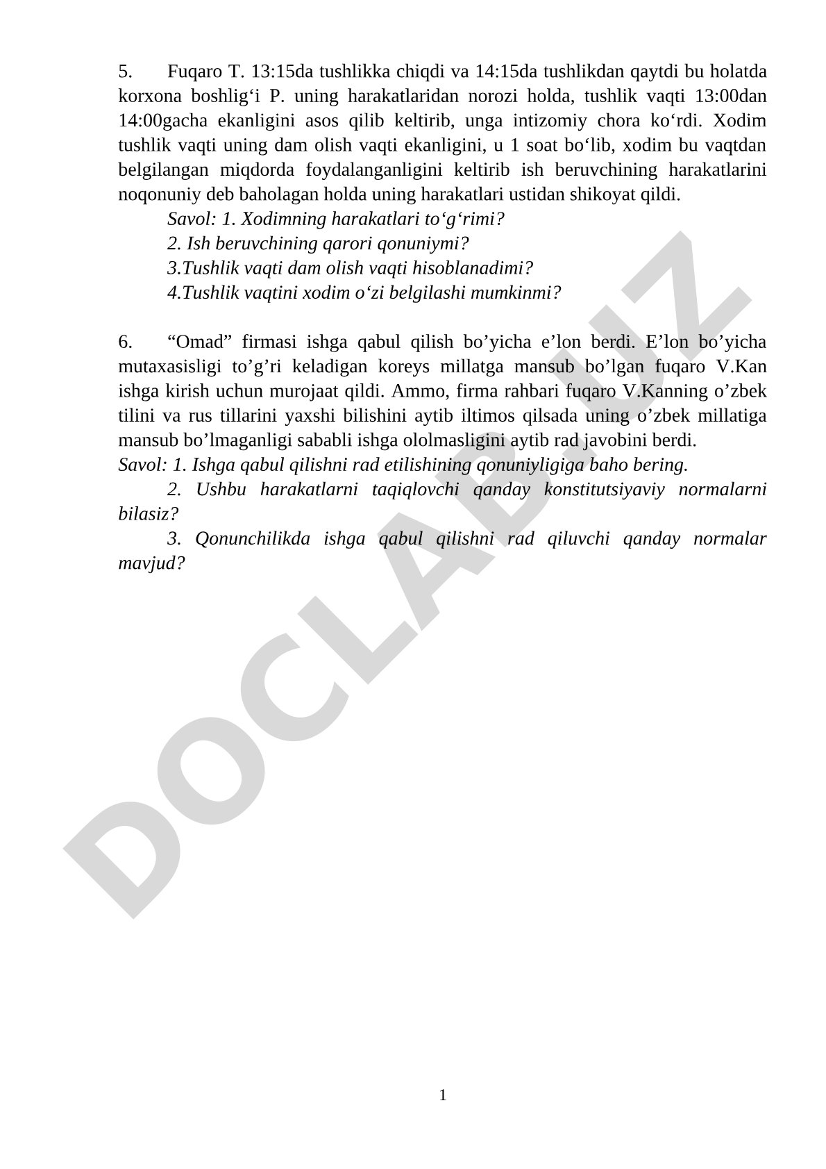 Mehnat huquqi bo'yicha vaziyatli masalalar