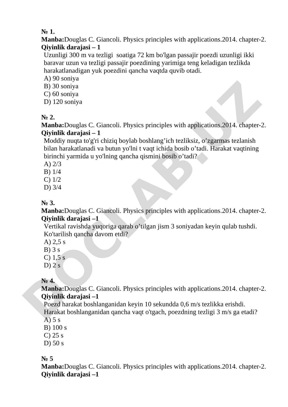 Kinematika bo'yicha test masalalari