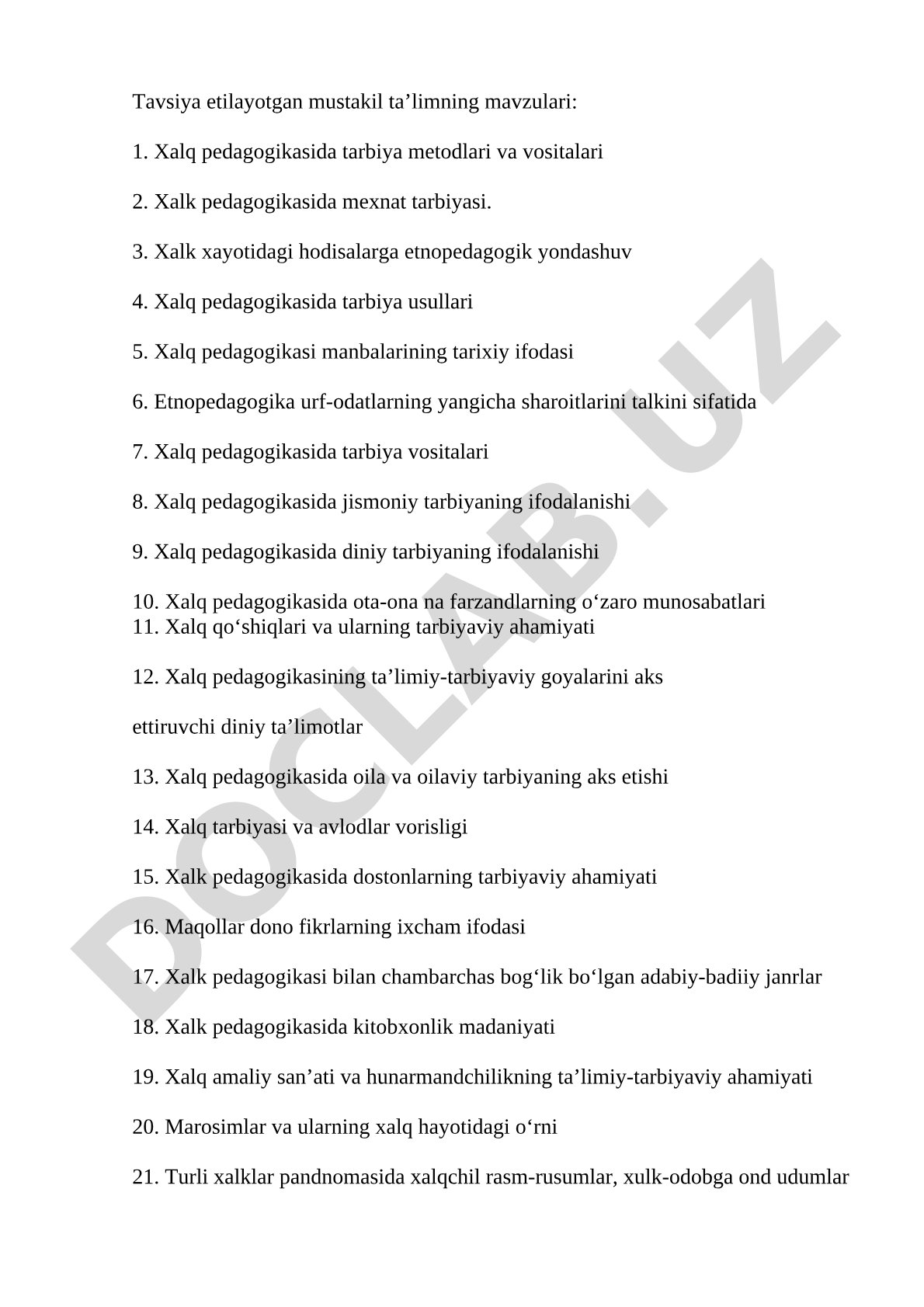 Xalq pedagogikasi bo'yicha mustaqil ta'lim mavzulari