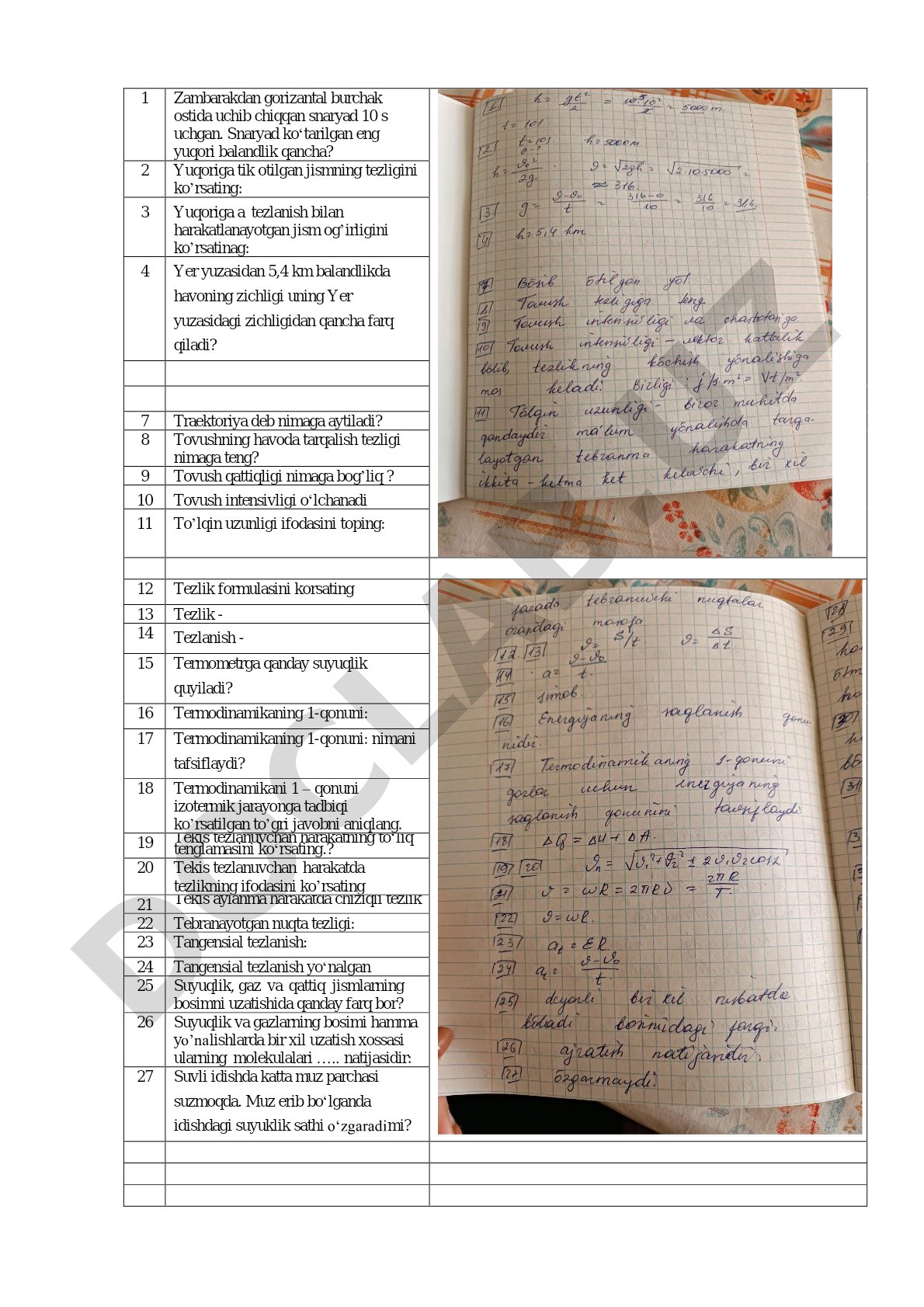 Fizika fanidan test savollari to'plami