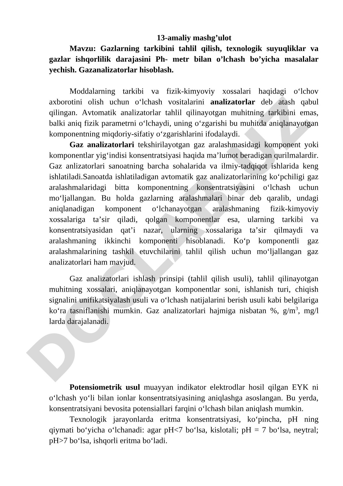 Gazlarning tarkibini tahlil qilish, texnologik suyuqliklar va gazlar ishqorlilik darajasini Ph- metr bilan o'lchash bo'yicha masalalar yechish