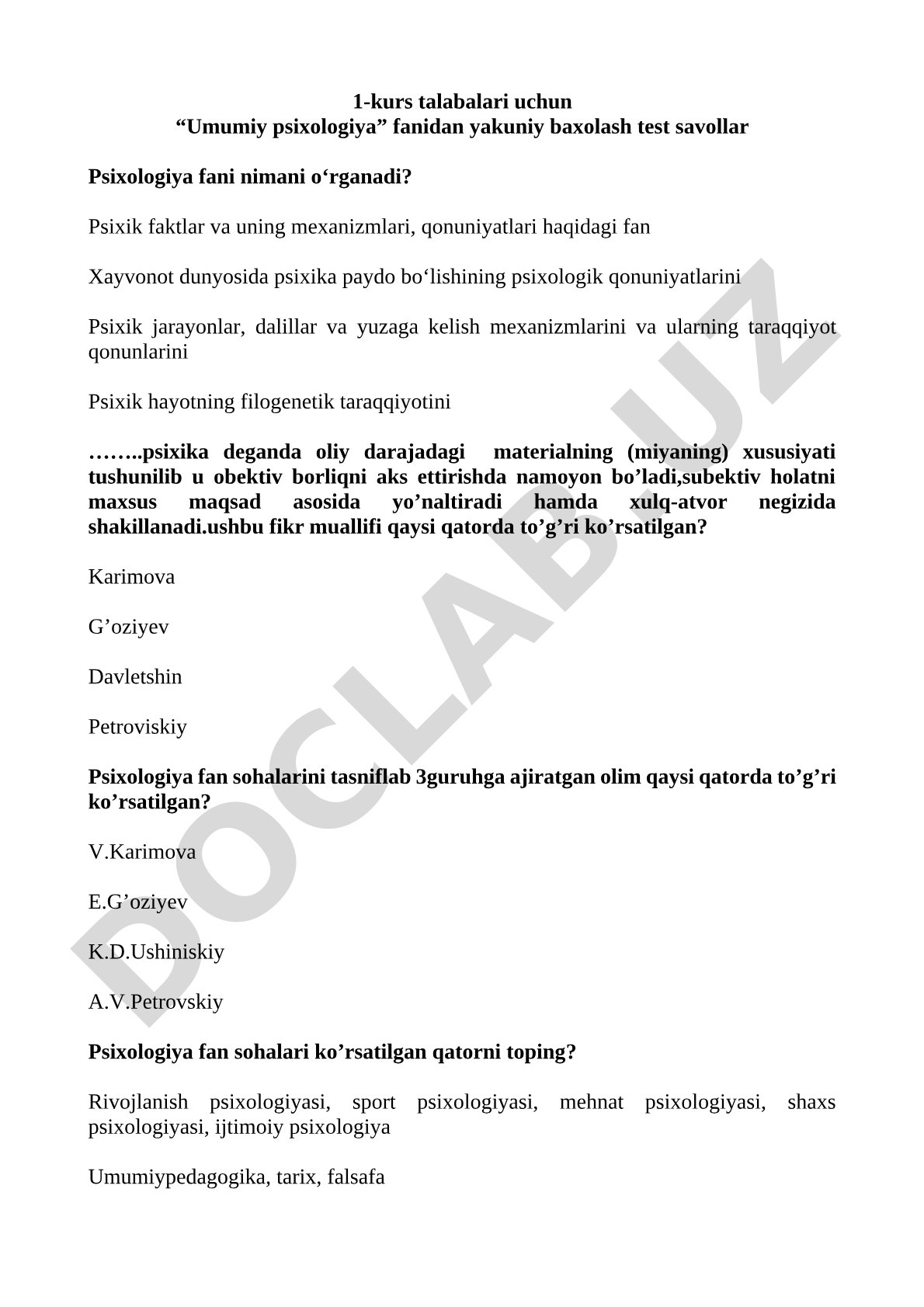 Umumiy psixologiya fanidan yakuniy baholash test savollari