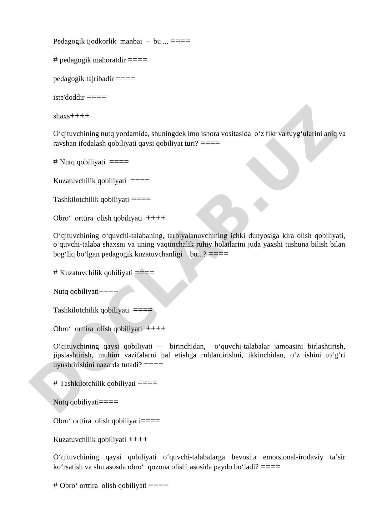 Pedagogik mahorat va o'qituvchilik qobiliyatlari testi