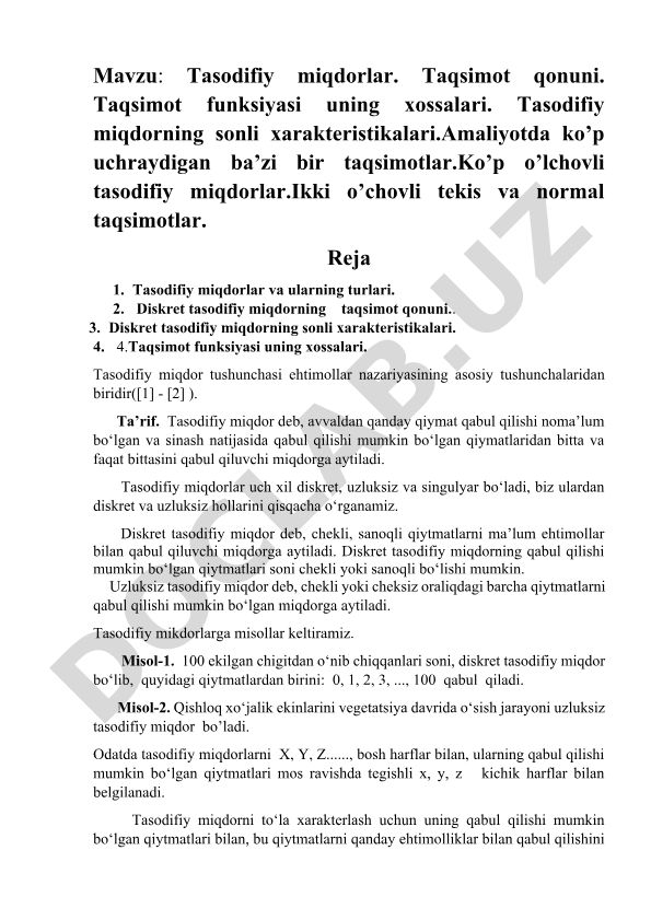 Tasodifiy miqdorlar, taqsimot qonuni va sonli xarakteristikalari