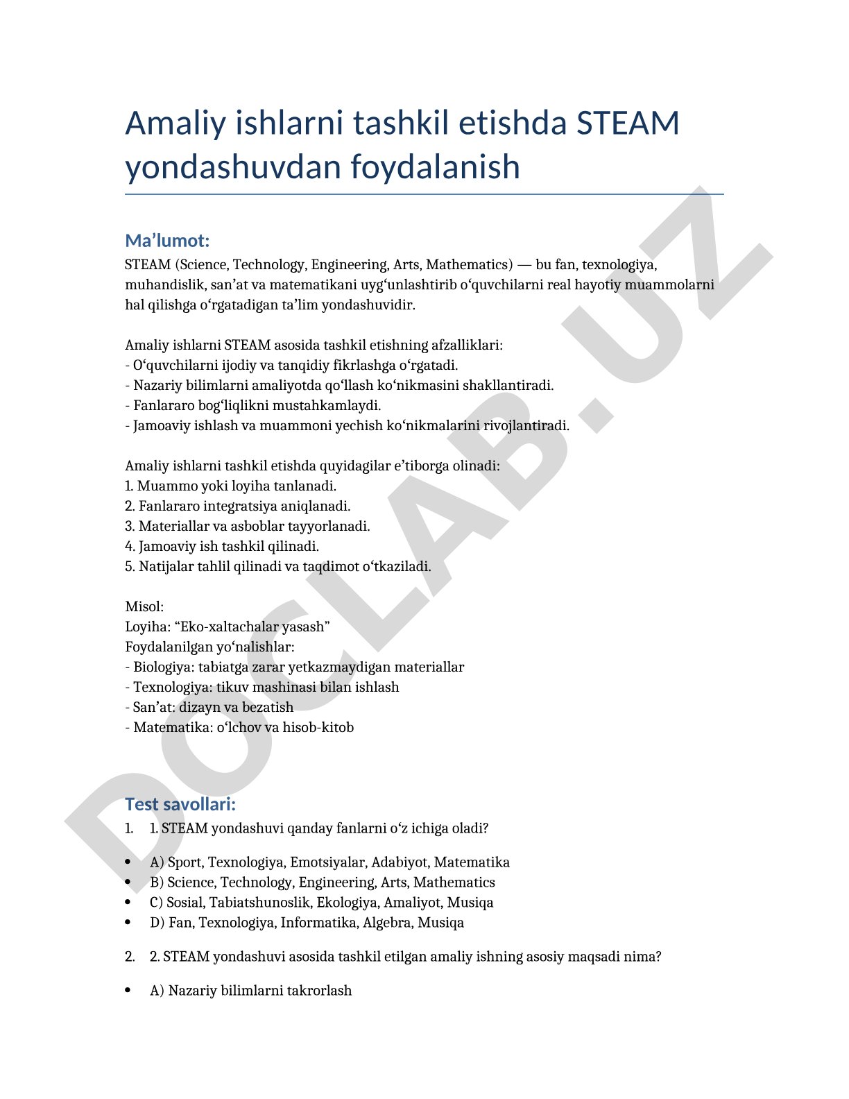 Amaliy ishlarni tashkil etishda STEAM yondashuvdan foydalanish