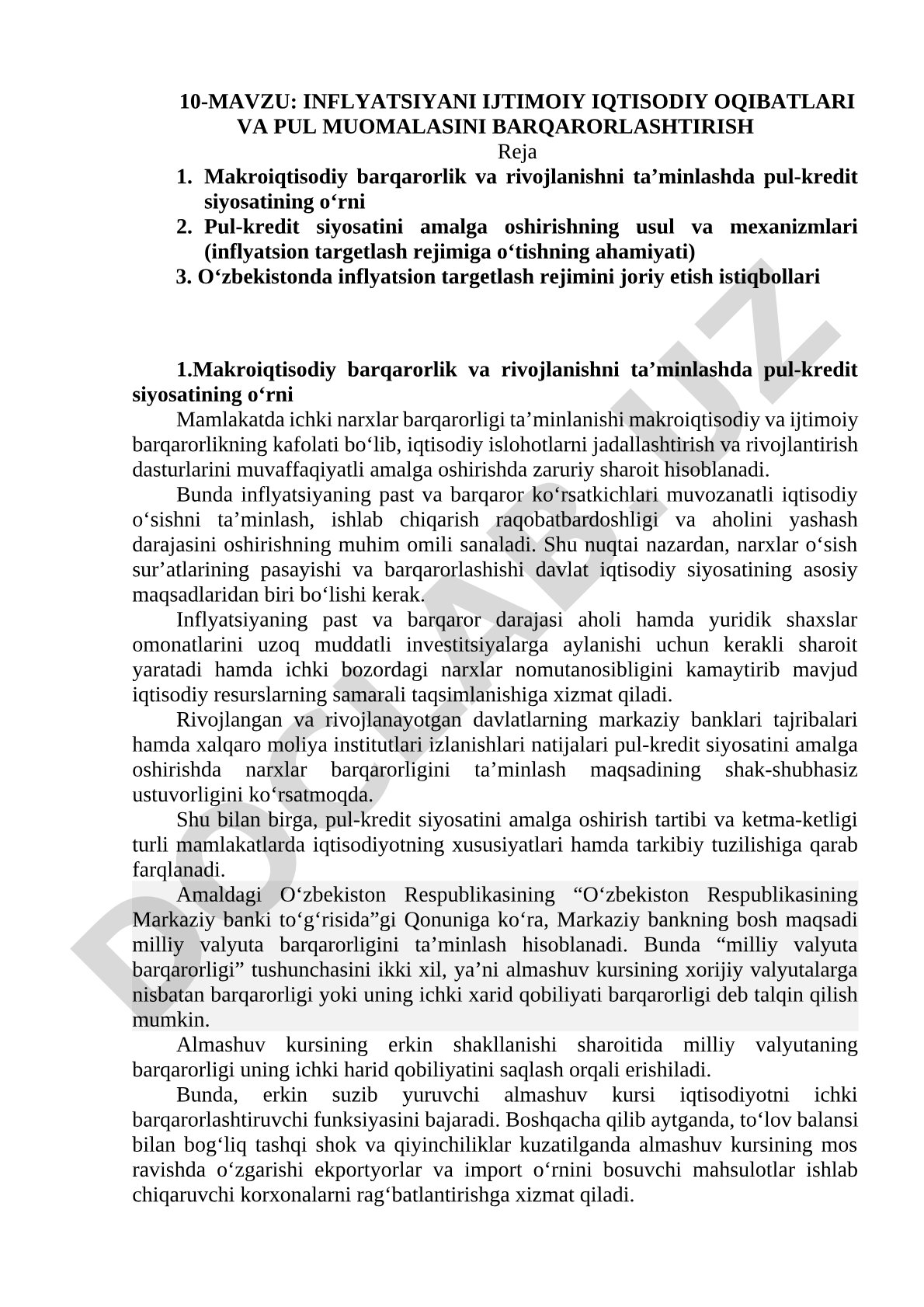 Inflyatsiyani ijtimoiy iqtisodiy oqibatlari va pul muomalasini barqarorlashtirish
