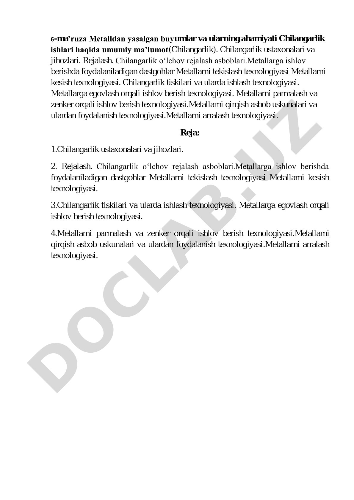 Metalldan yasalgan buyumlar va chilangarlik ishlari texnologiyasi