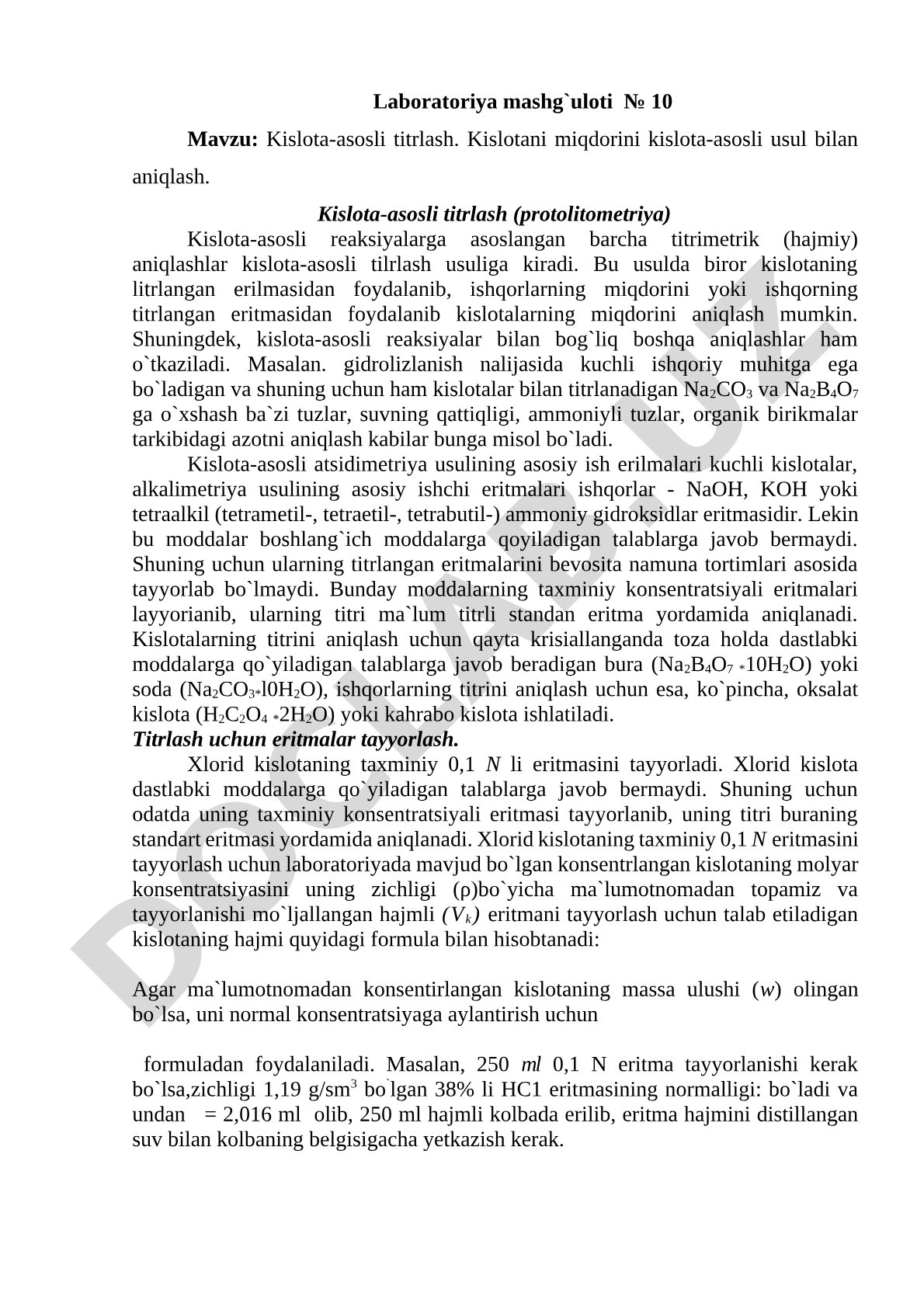 Kislota-asosli titrlash. Kislotani miqdorini kislota-asosli usul bilan aniqlash