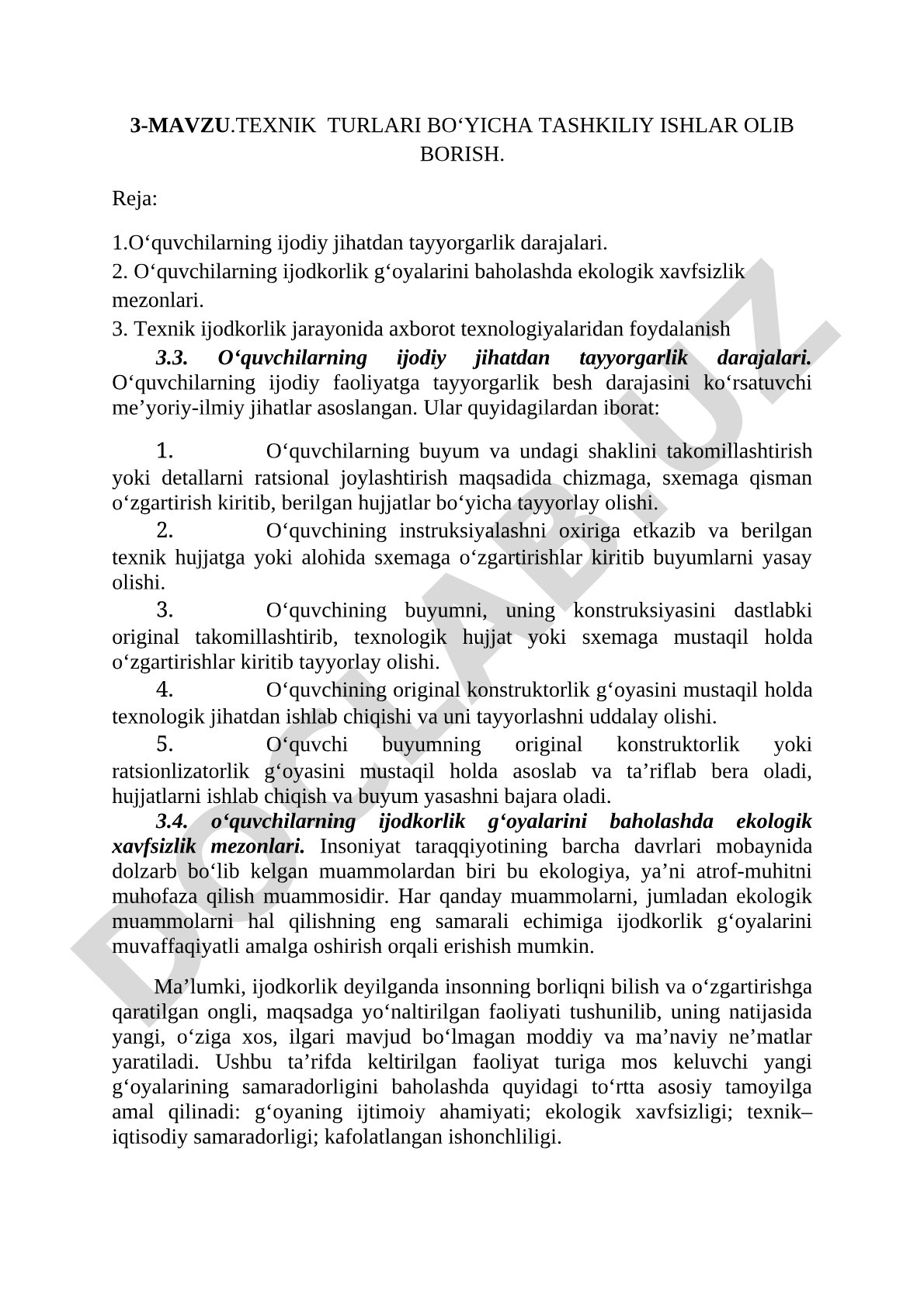 Texnik turlari bo'yicha tashkiliy ishlar olib borish