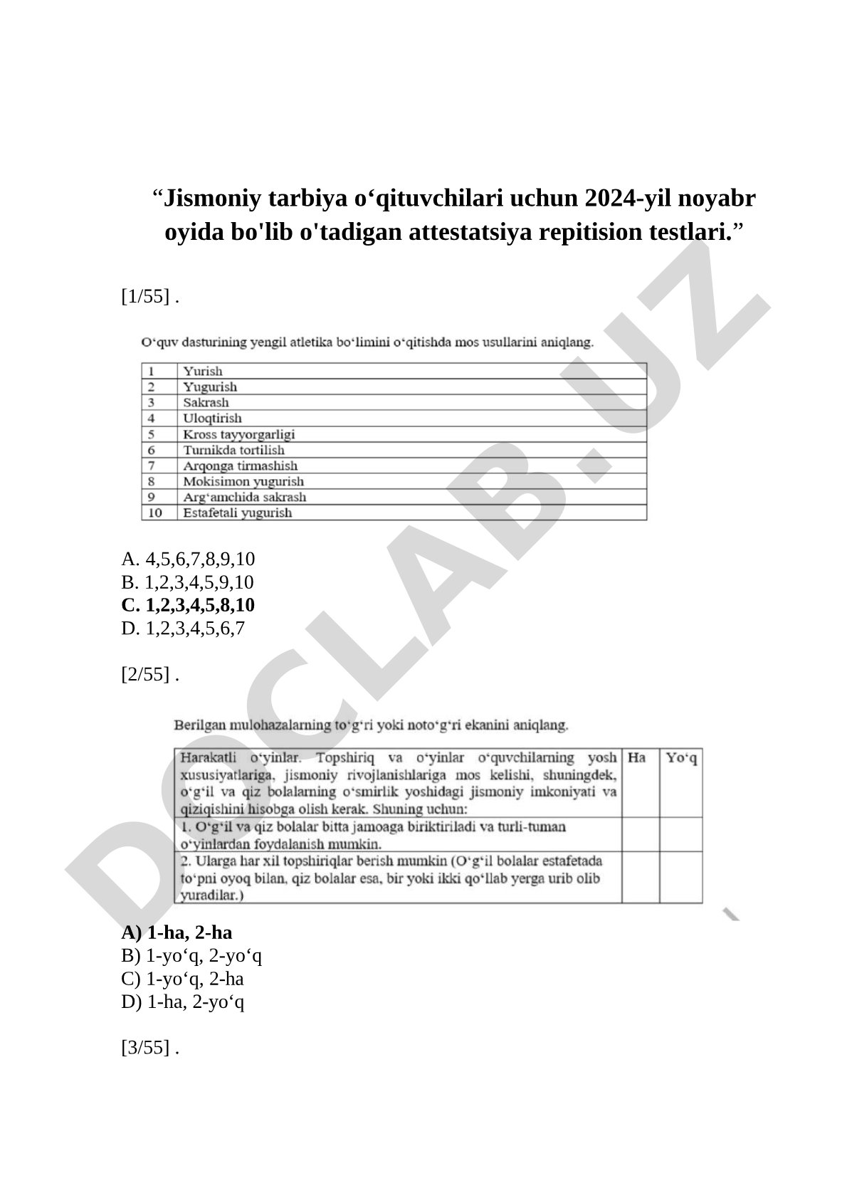 Jismoniy tarbiya o‘qituvchilari uchun 2024-yil noyabr attestatsiya repitision testlari