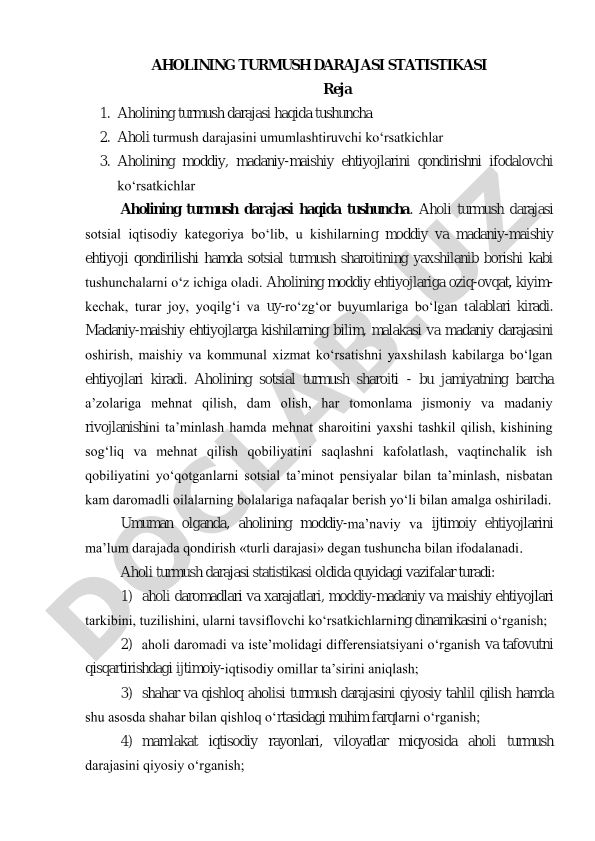 Aholining turmush darajasi statistikasi