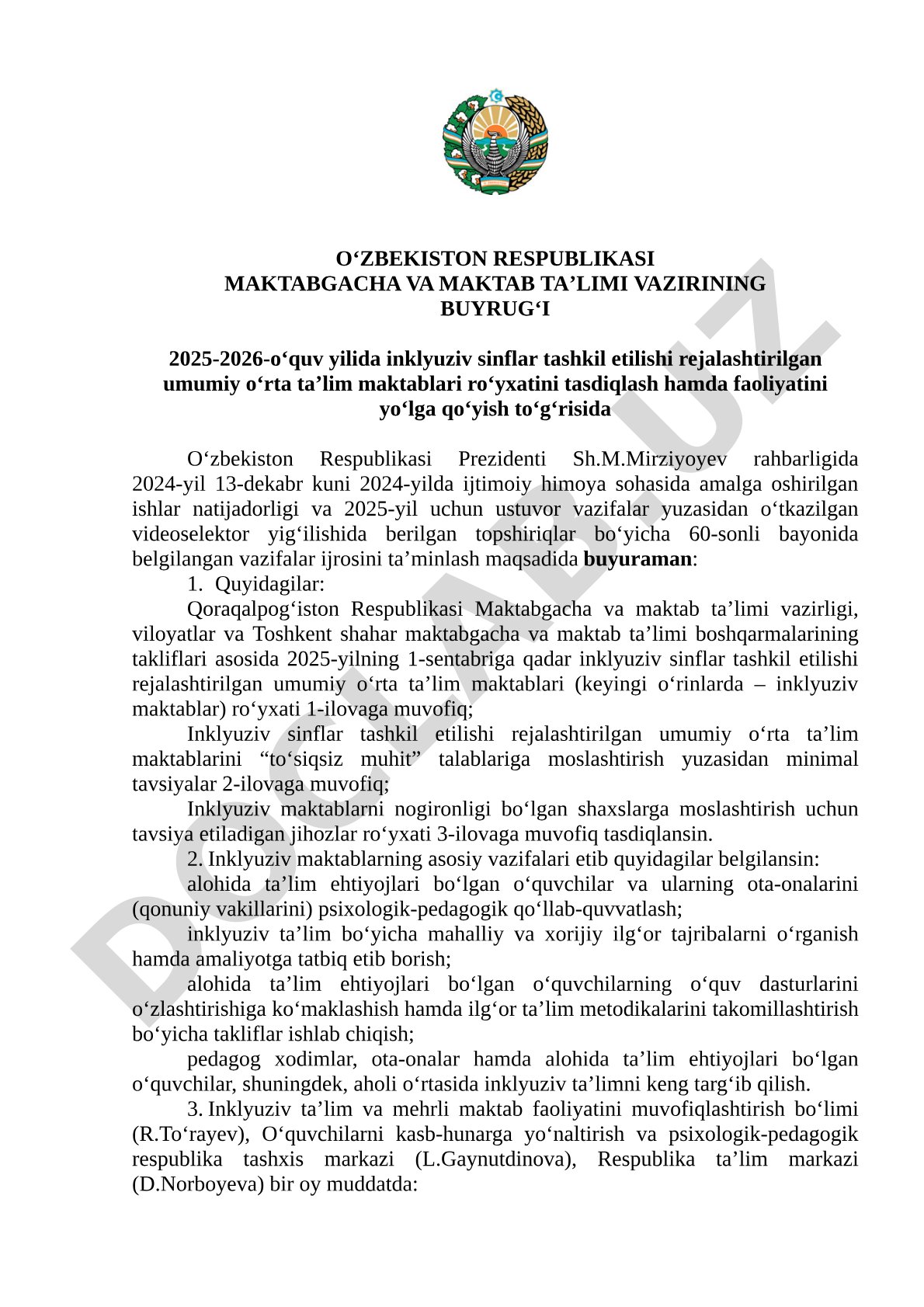 Inklyuziv maktablar roʻyxatini tasdiqlash va faoliyatini yoʻlga qoʻyish