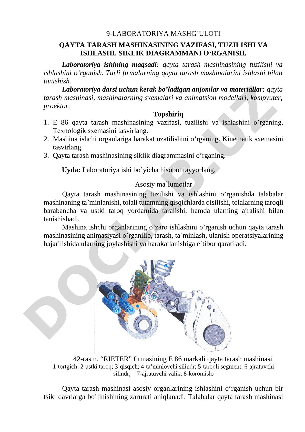 Qayta tarash mashinasining vazifasi, tuzilishi va ishlashi. Siklik diagrammani o‘rganish.
