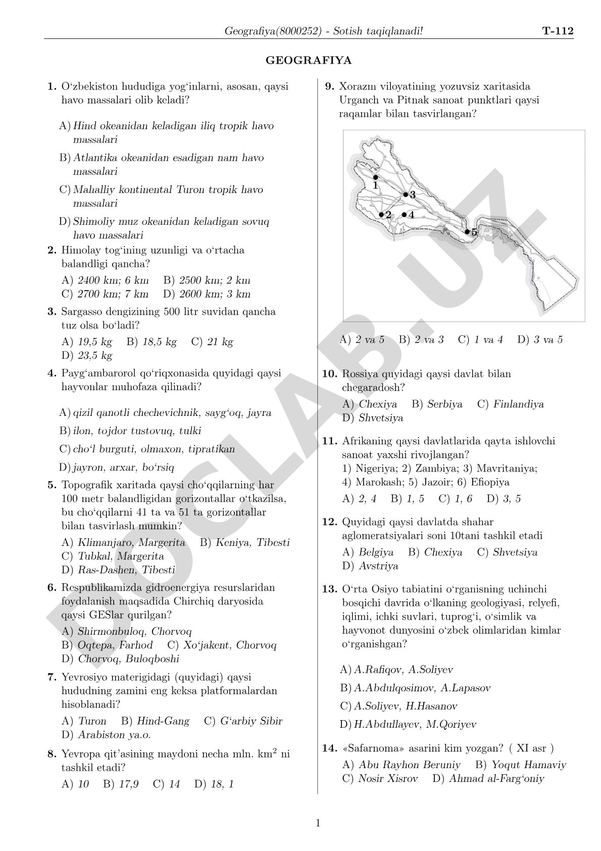 Geografiya fanidan test savollari