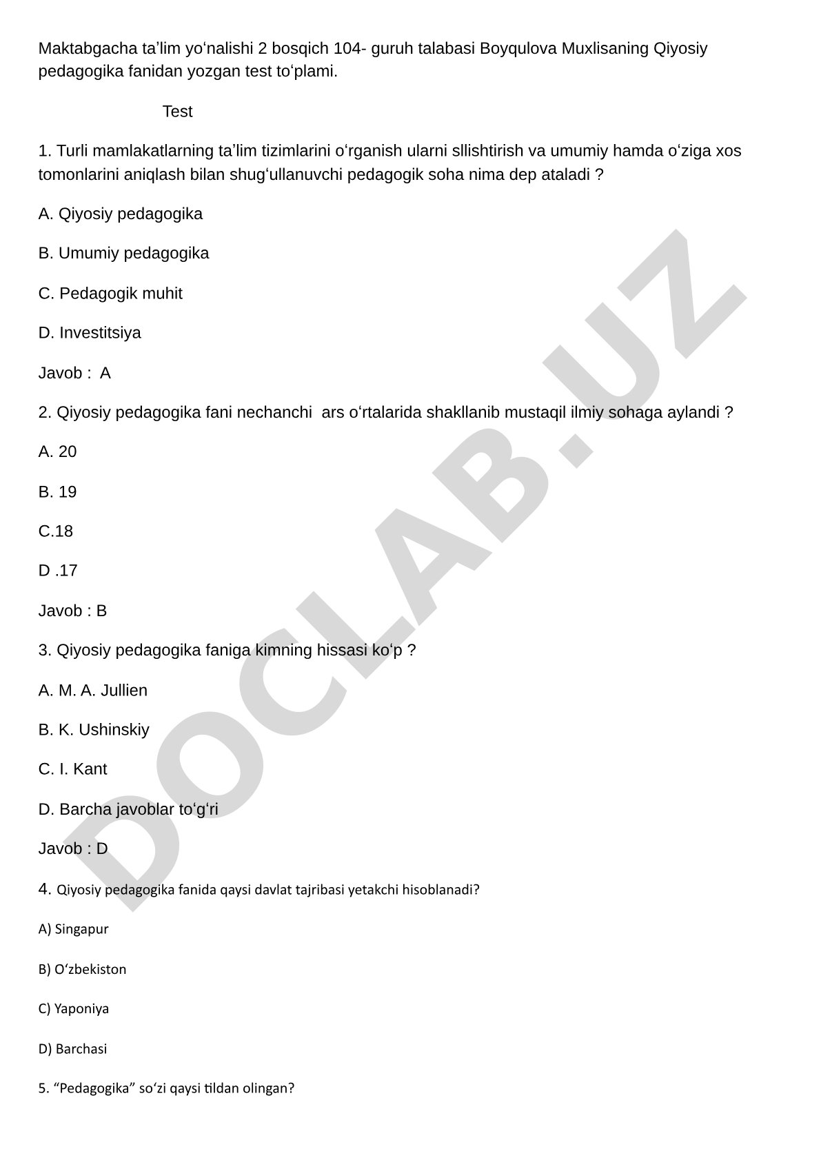 Qiyosiy pedagogika fanidan test to'plami
