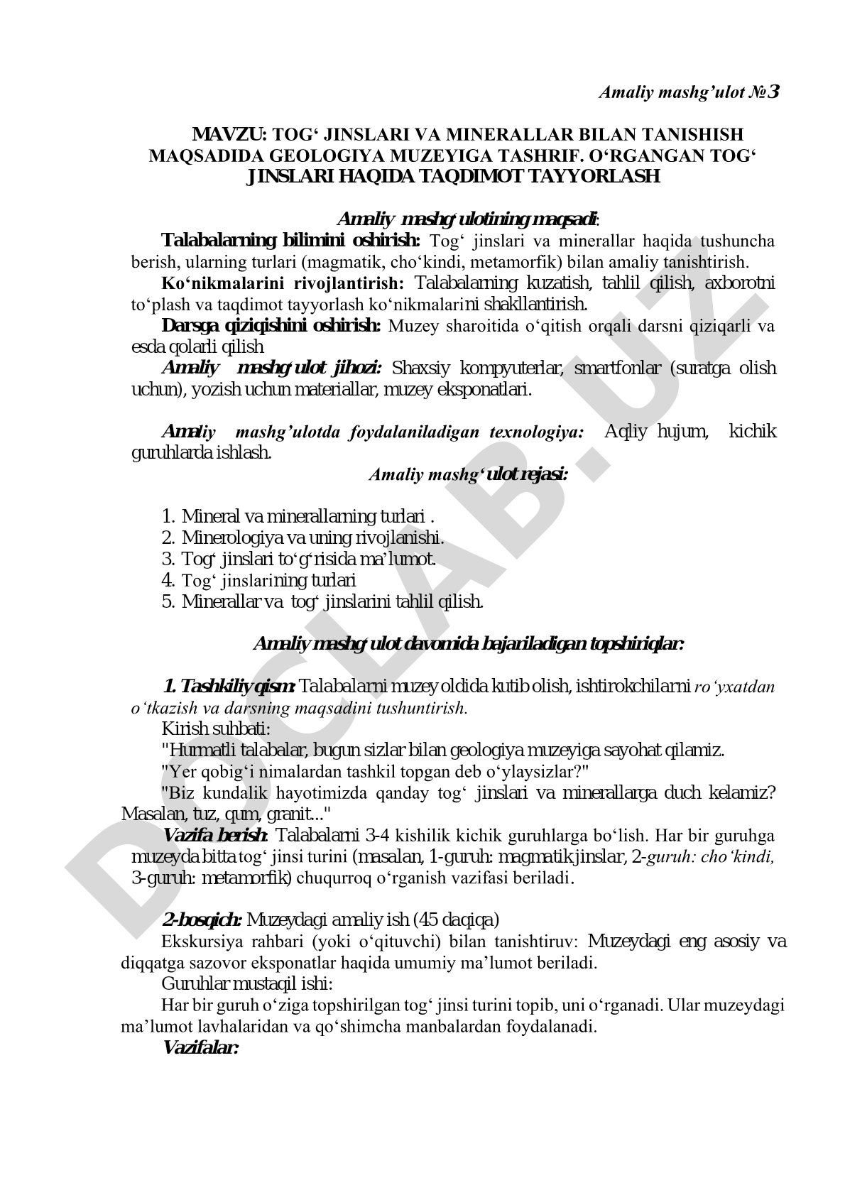 Tog' jinslari va minerallar bilan tanishish maqsadida geologiya muzeyiga tashrif