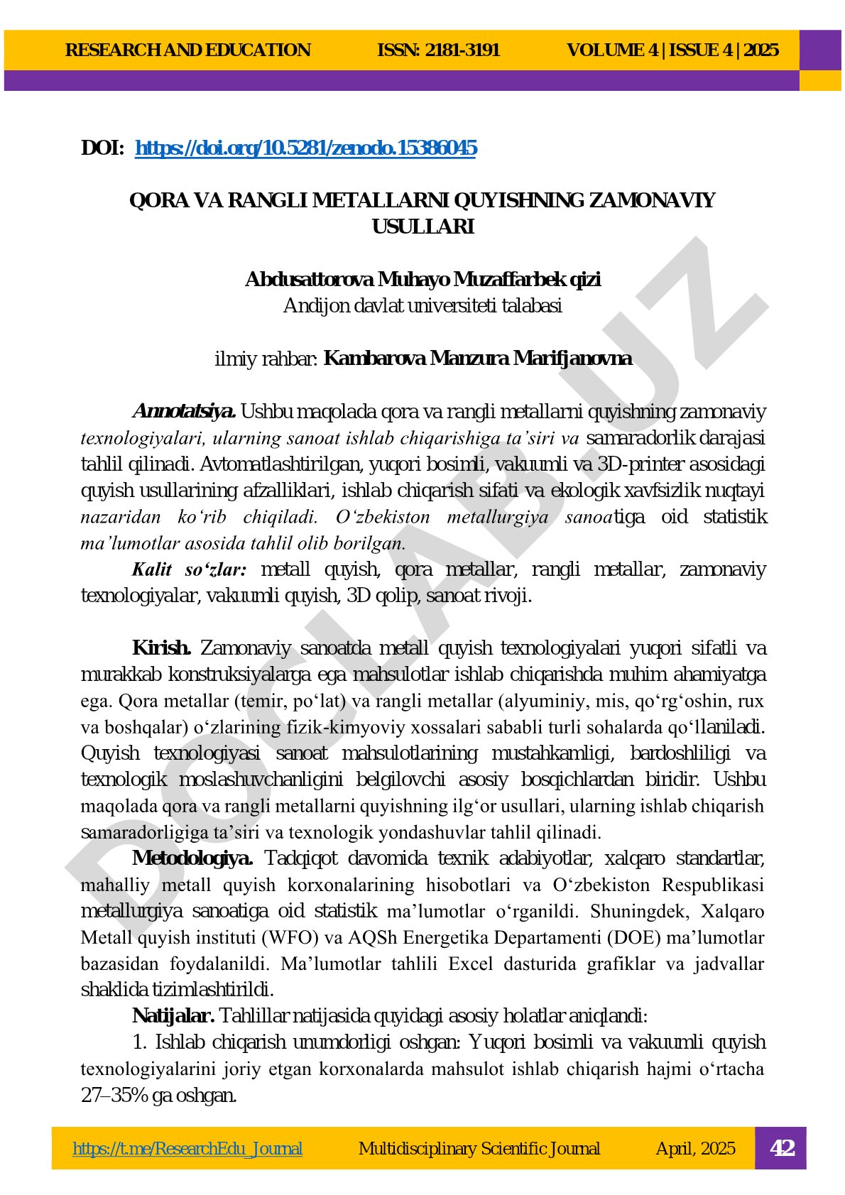 Qora va rangli metallarni quyishning zamonaviy usullari