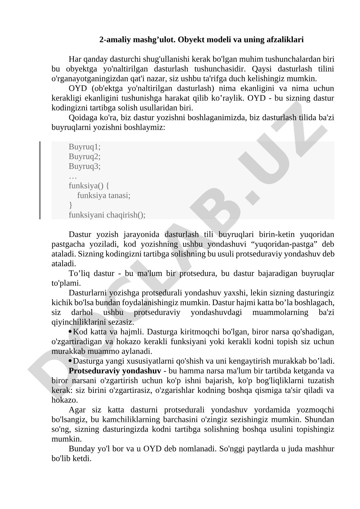 Obyekt modeli va uning afzaliklari
