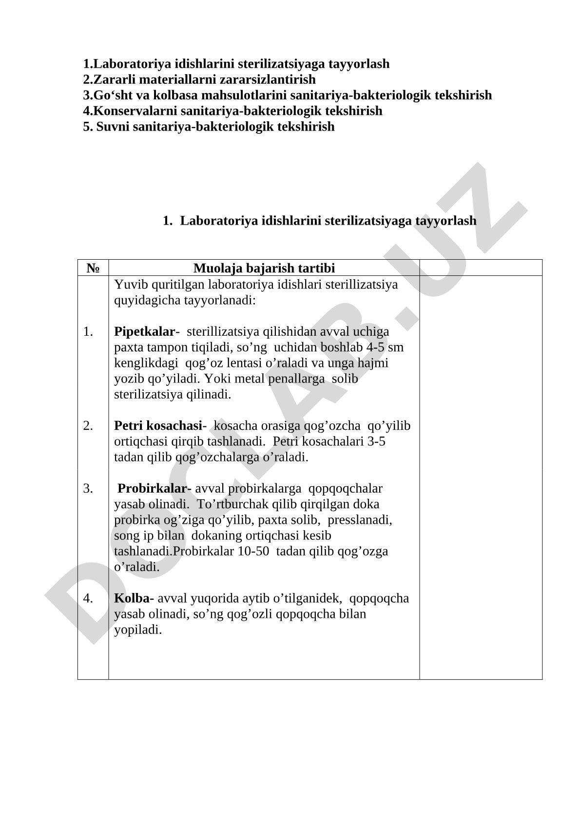 Laboratoriya idishlarini sterilizatsiyaga tayyorlash, zararli materiallarni zararsizlantirish va sanitariya-bakteriologik tekshirish