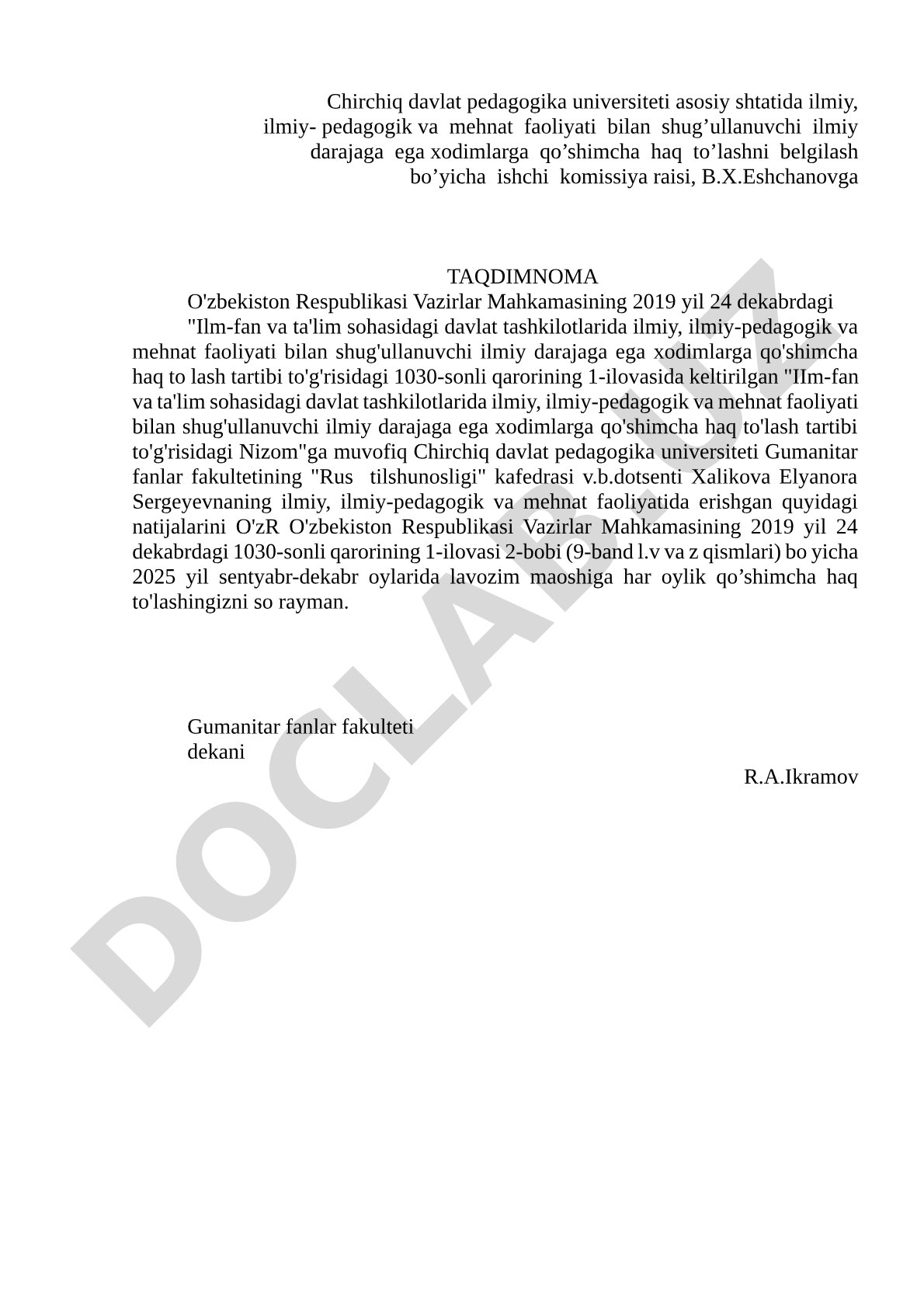 Ilmiy darajaga ega xodimlarga qo'shimcha haq to'lash taqdimnomasi