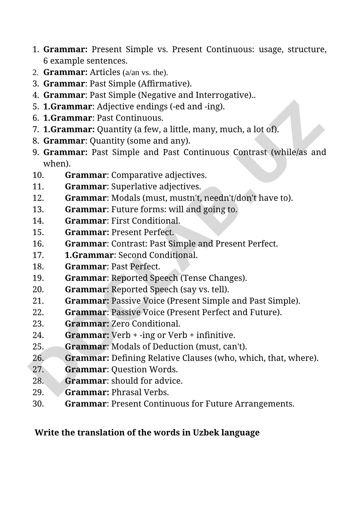 English Grammar Topics: Tenses, Conditionals, Reported Speech, Passive Voice