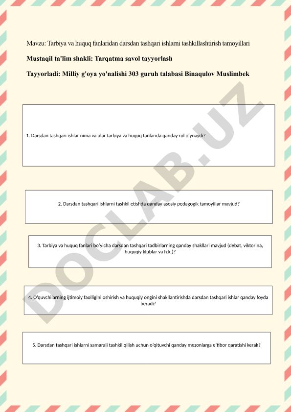 Tarbiya va huquq fanlaridan darsdan tashqari ishlarni tashkillashtirish tamoyillari