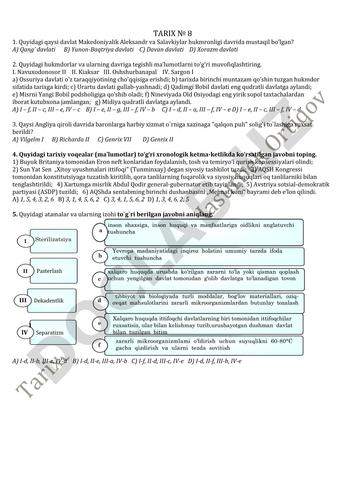 Qadimgi dunyo va o'rta asrlar tarixiga oid test savollari