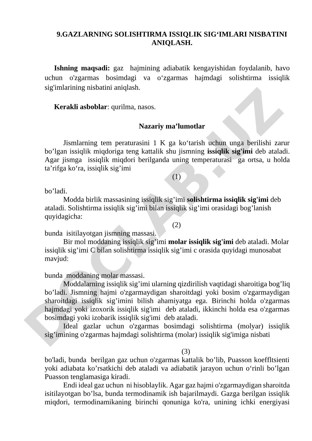 Gazlarning solishtirma issiqlik sig‘imlari nisbatini aniqlash