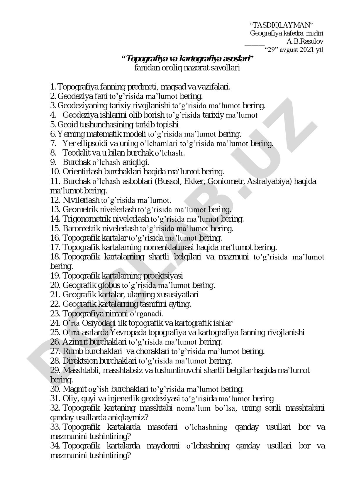 Topografiya va kartografiya asoslari fanidan oraliq nazorat savollari