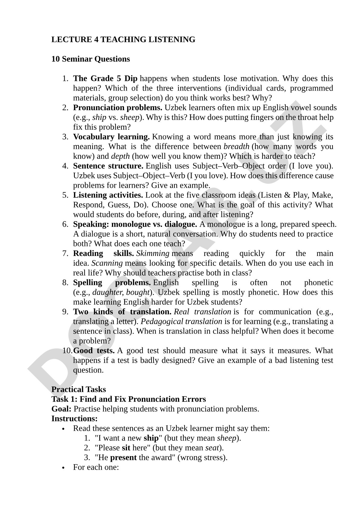 Seminar Questions for Teaching Listening
