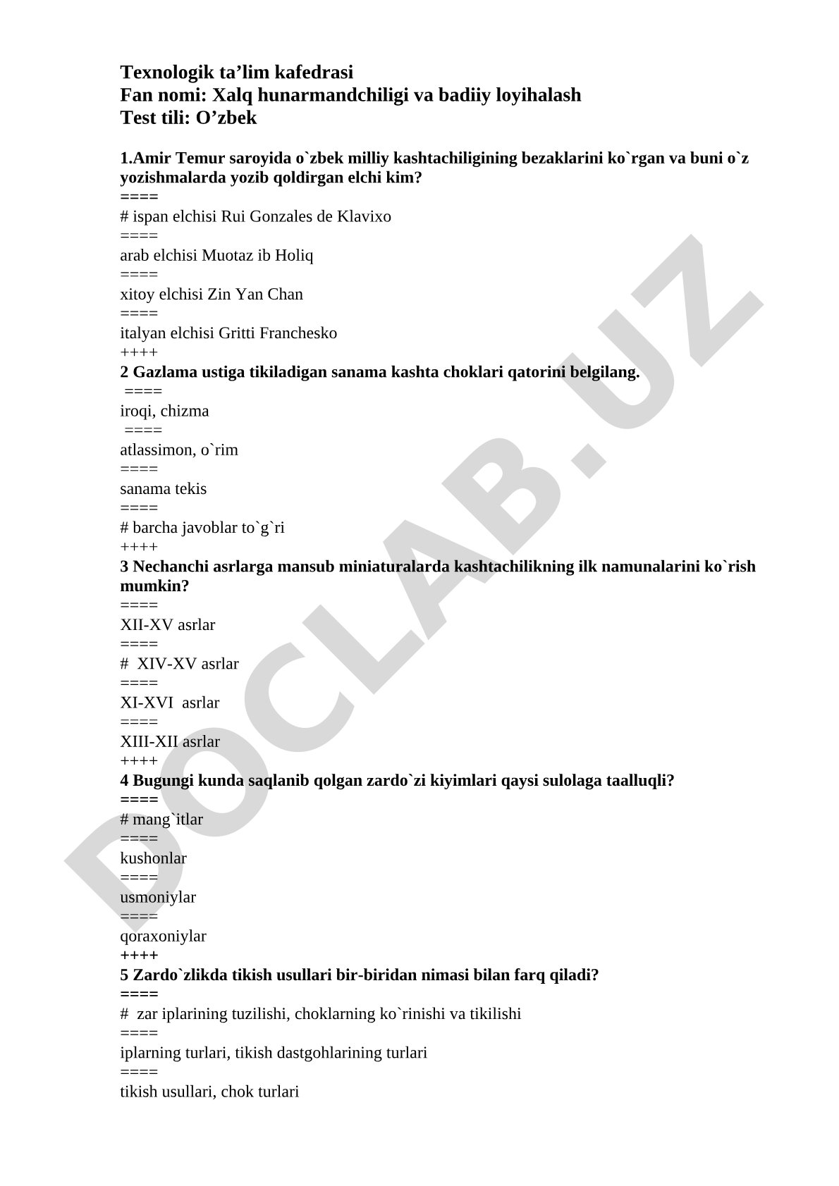 Xalq hunarmandchiligi va badiiy loyihalash test savollari