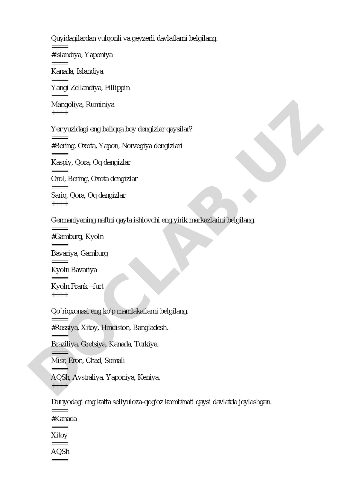 Geografiyadan test savollari