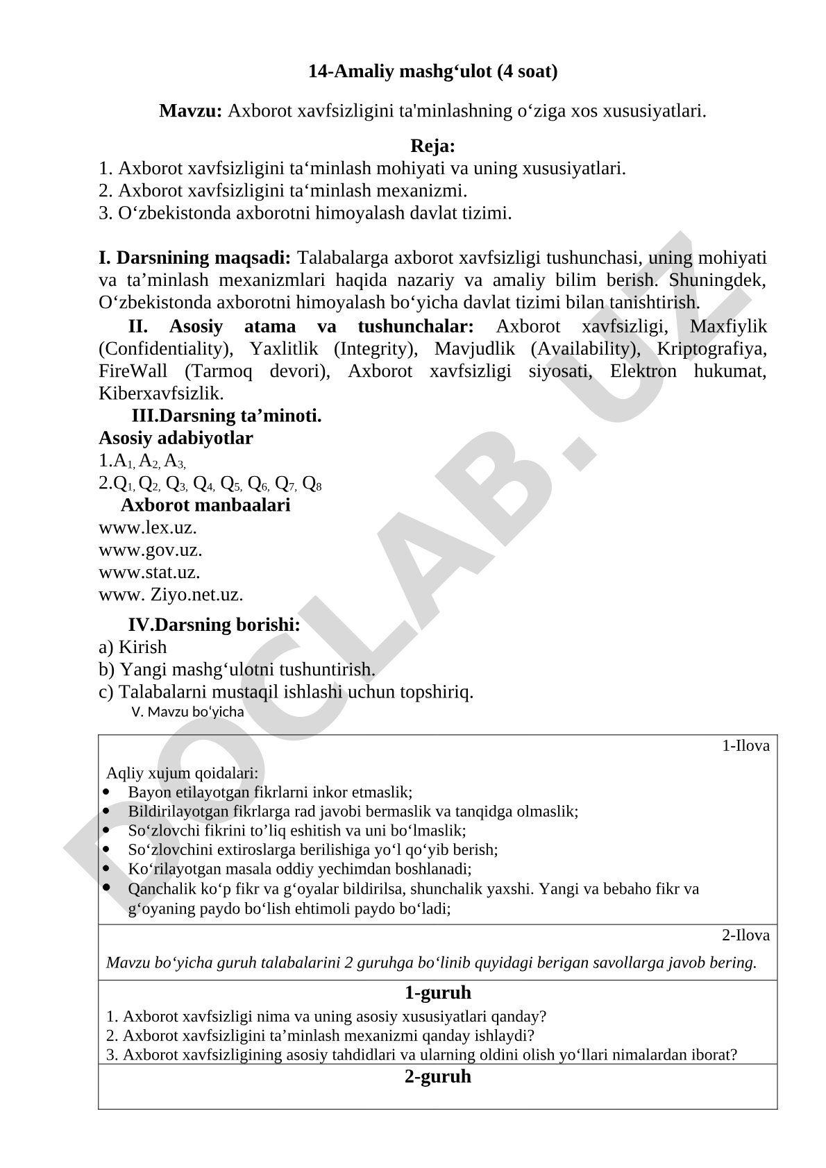 Axborot xavfsizligini ta'minlashning o'ziga xos xususiyatlari