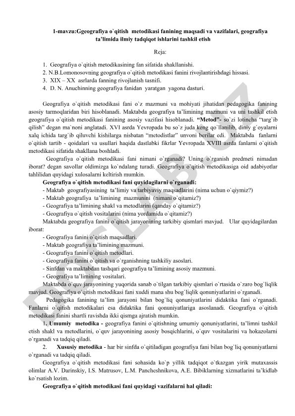 Geografiya o'qitish metodikasi fanining maqsadi va vazifalari