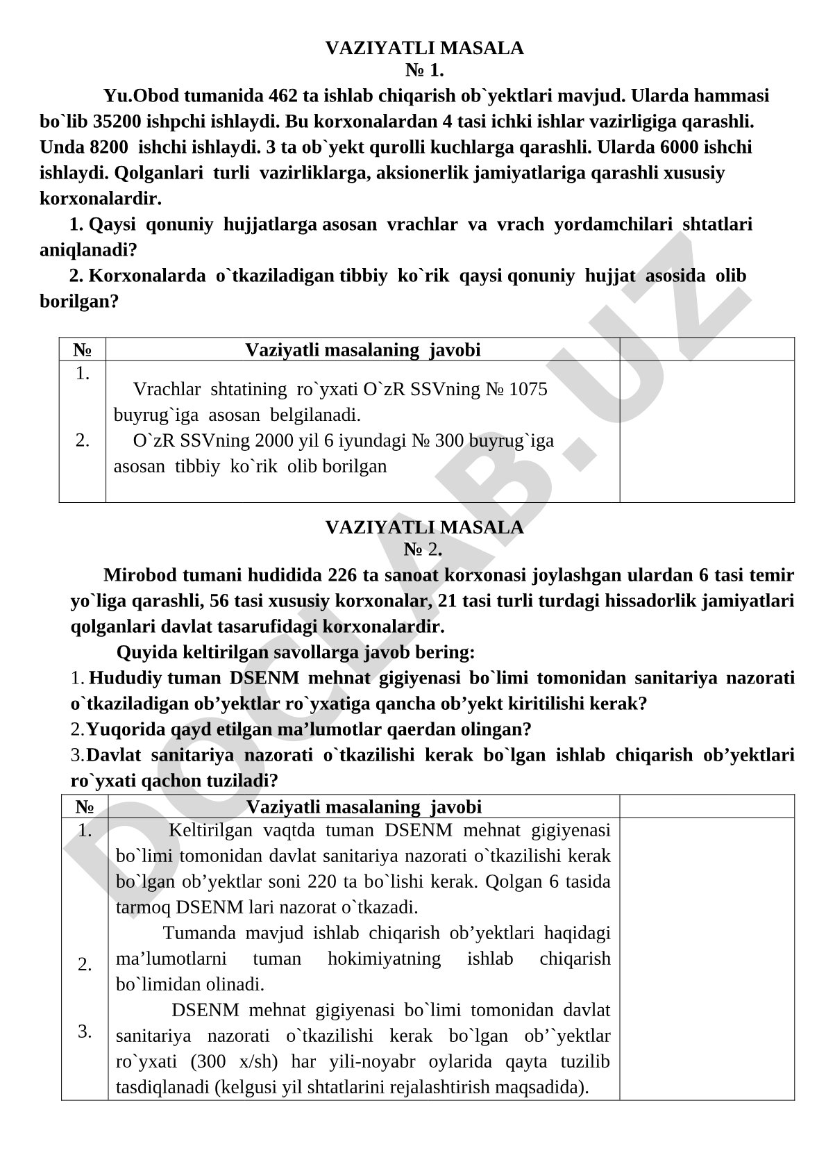 Vrachlar shtati, tibbiy ko'rik va sanitariya nazorati vaziyatli masalalari
