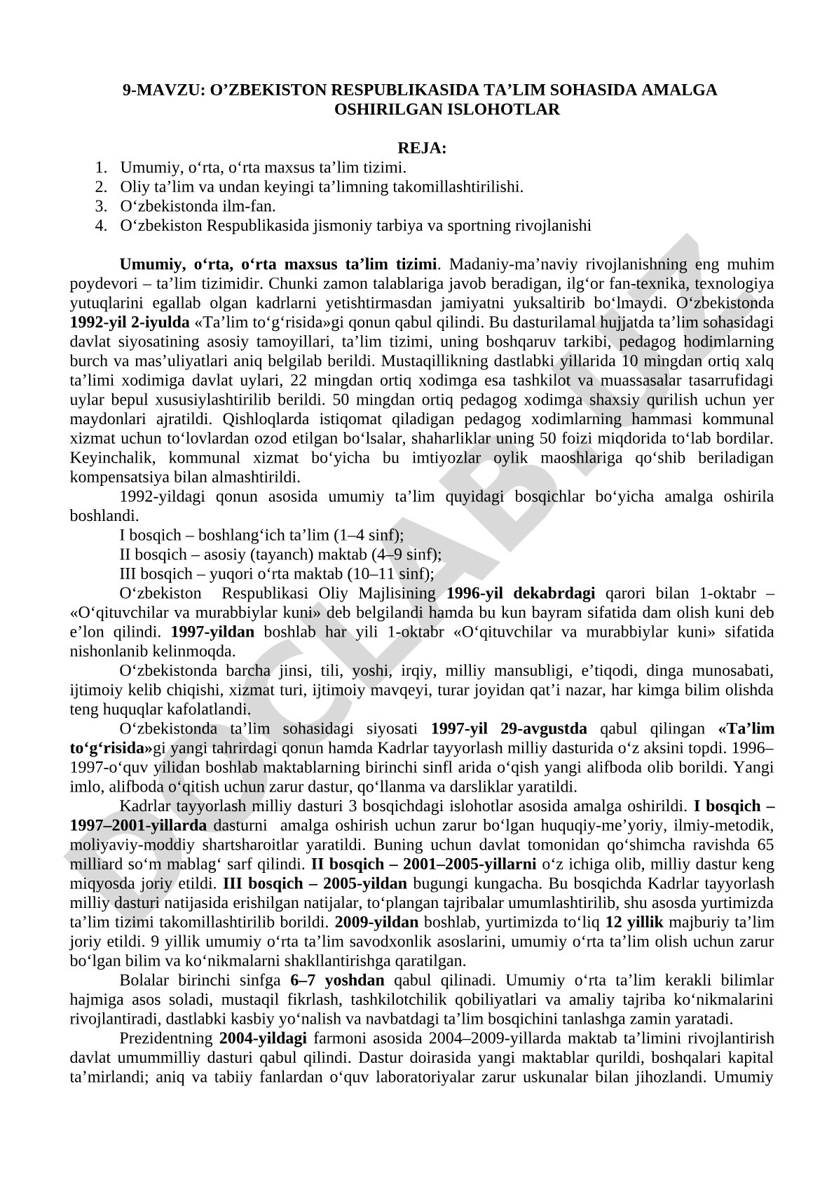O’ZBEKISTОN RESPUBLIKАSIDА TА’LIM SОHАSIDА АMАLGА ОSHIRILGАN ISLОHОTLАR