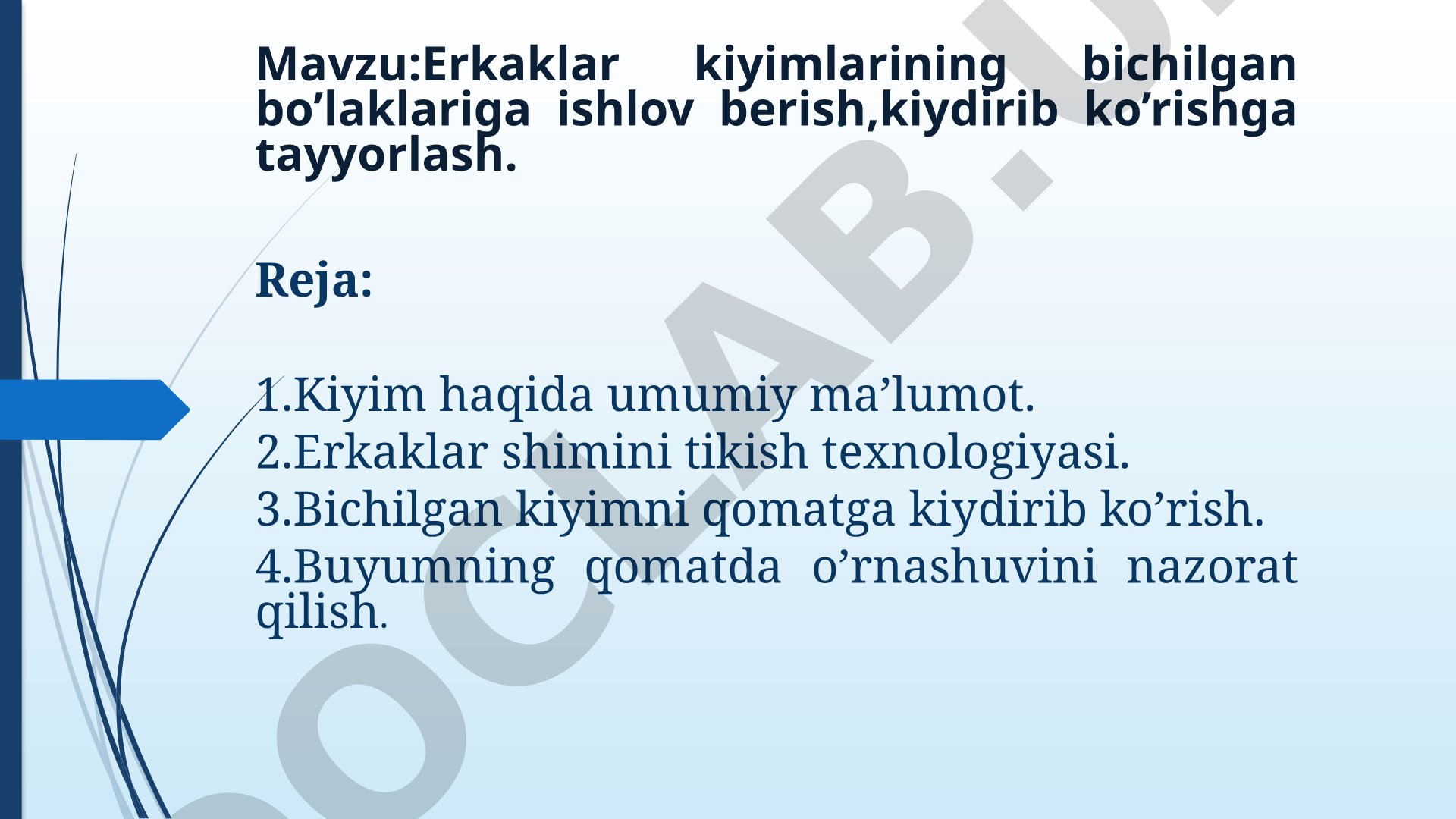Erkaklar kiyimlarining bichilgan bo'laklariga ishlov berish, kiydirib ko'rishga tayyorlash