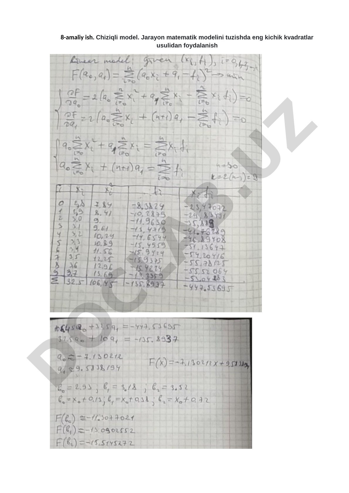 Chiziqli model. Jarayon matematik modelini tuzishda eng kichik kvadratlar usulidan foydalanish