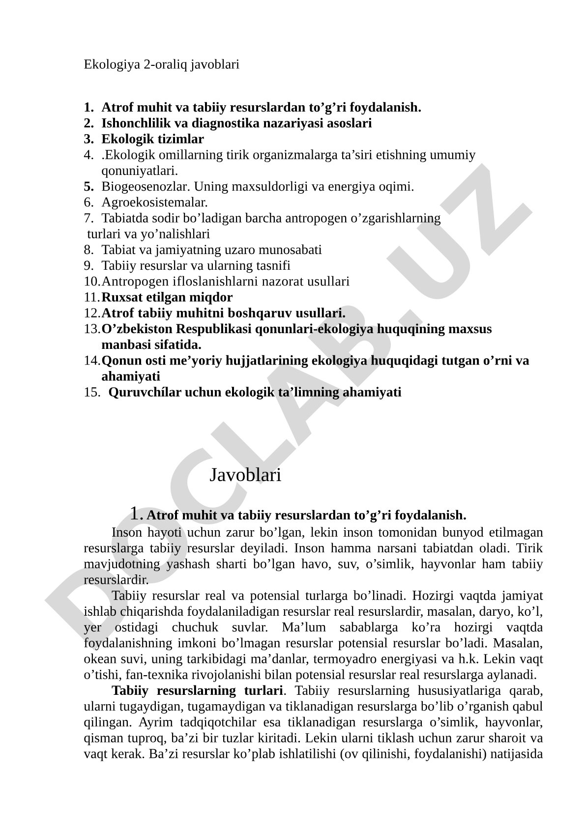 Ekologiya 2-oraliq savollariga javoblar: tabiiy resurslar, ekotizimlar va biogeosenozlar