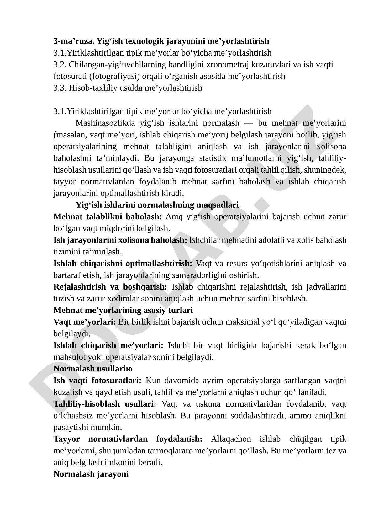 Yig‘ish texnologik jarayonini me’yorlashtirish