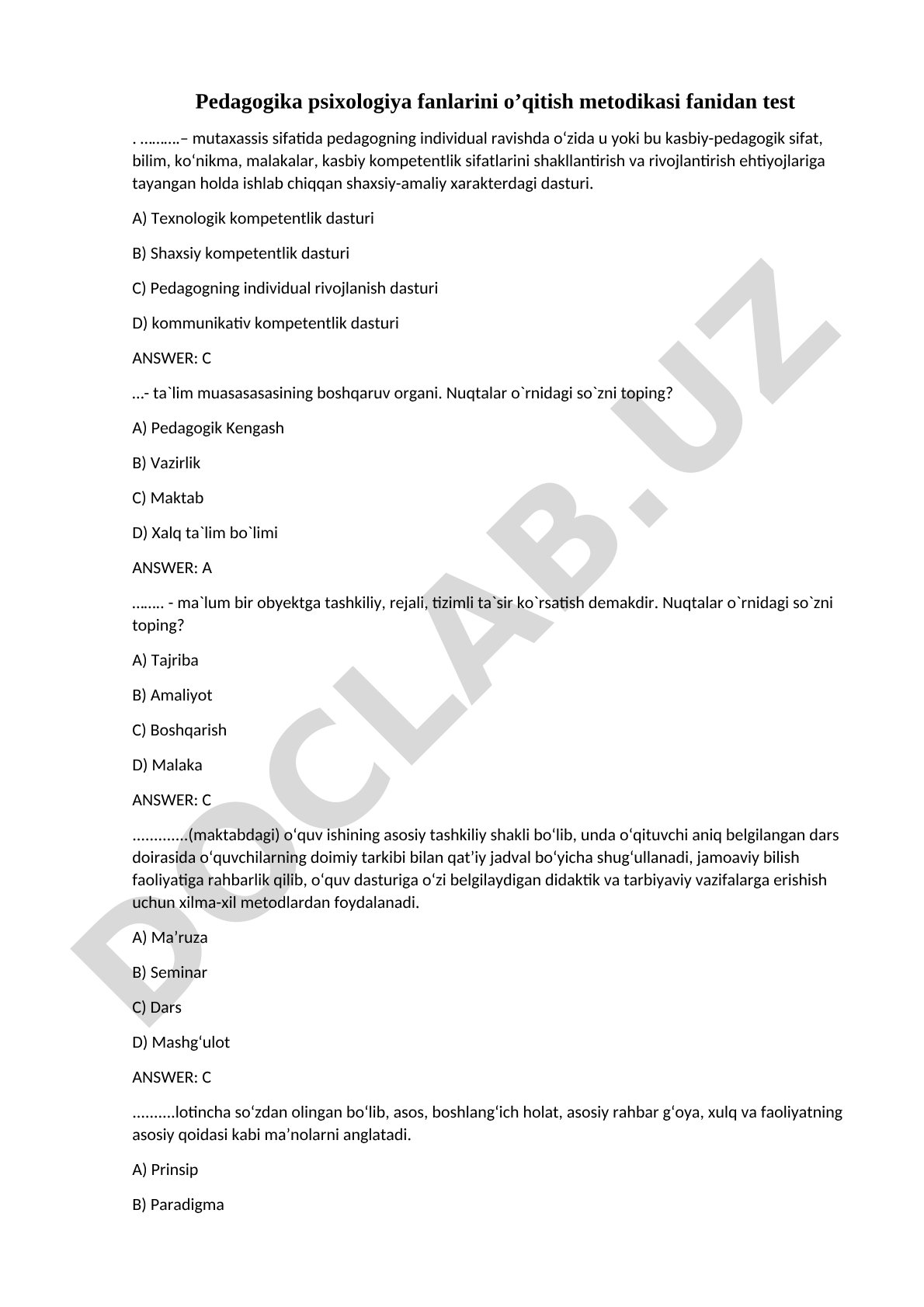 Pedagogika psixologiya fanlarini o’qitish metodikasi testi