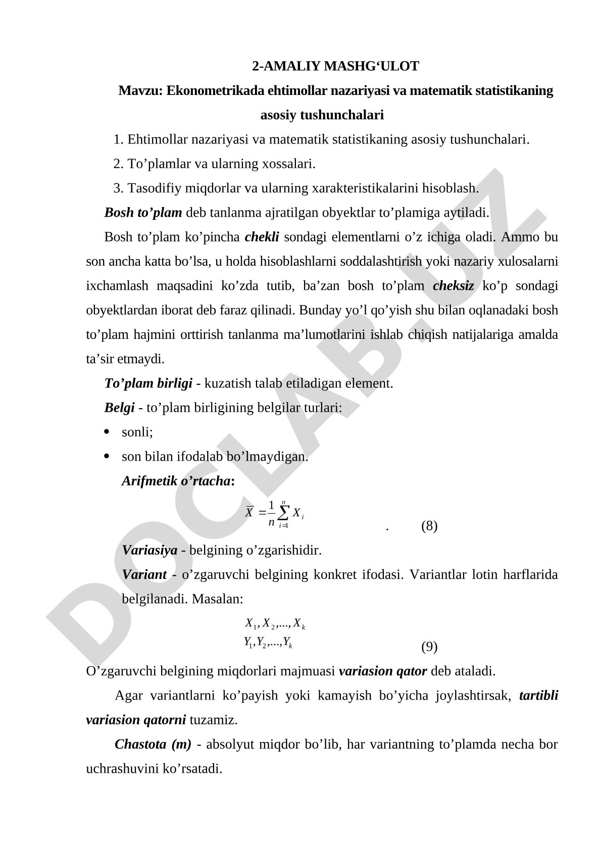 Ekonometrikada ehtimollar nazariyasi va matematik statistikaning asosiy tushunchalari