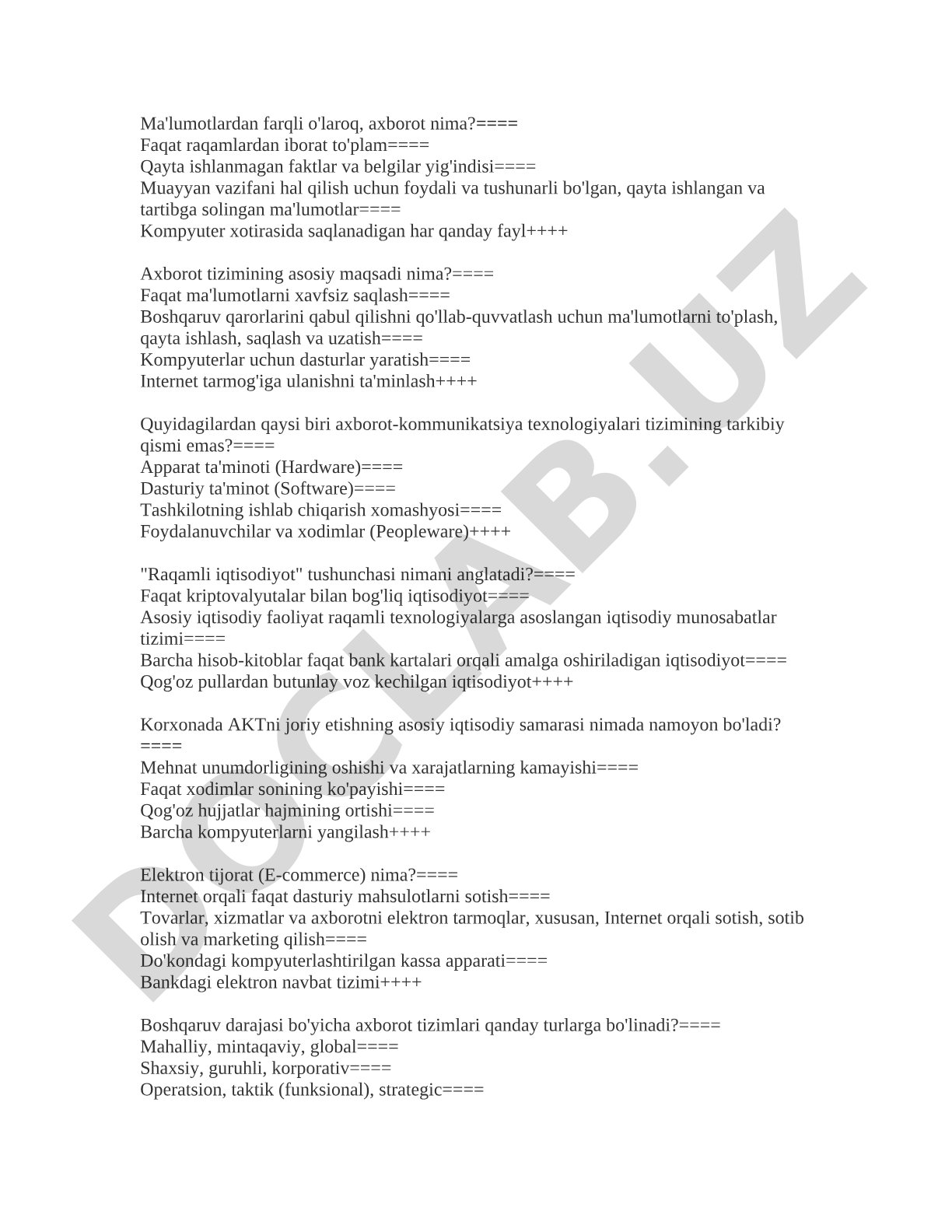 Axborot, axborot tizimlari va raqamli iqtisodiyot test savollari