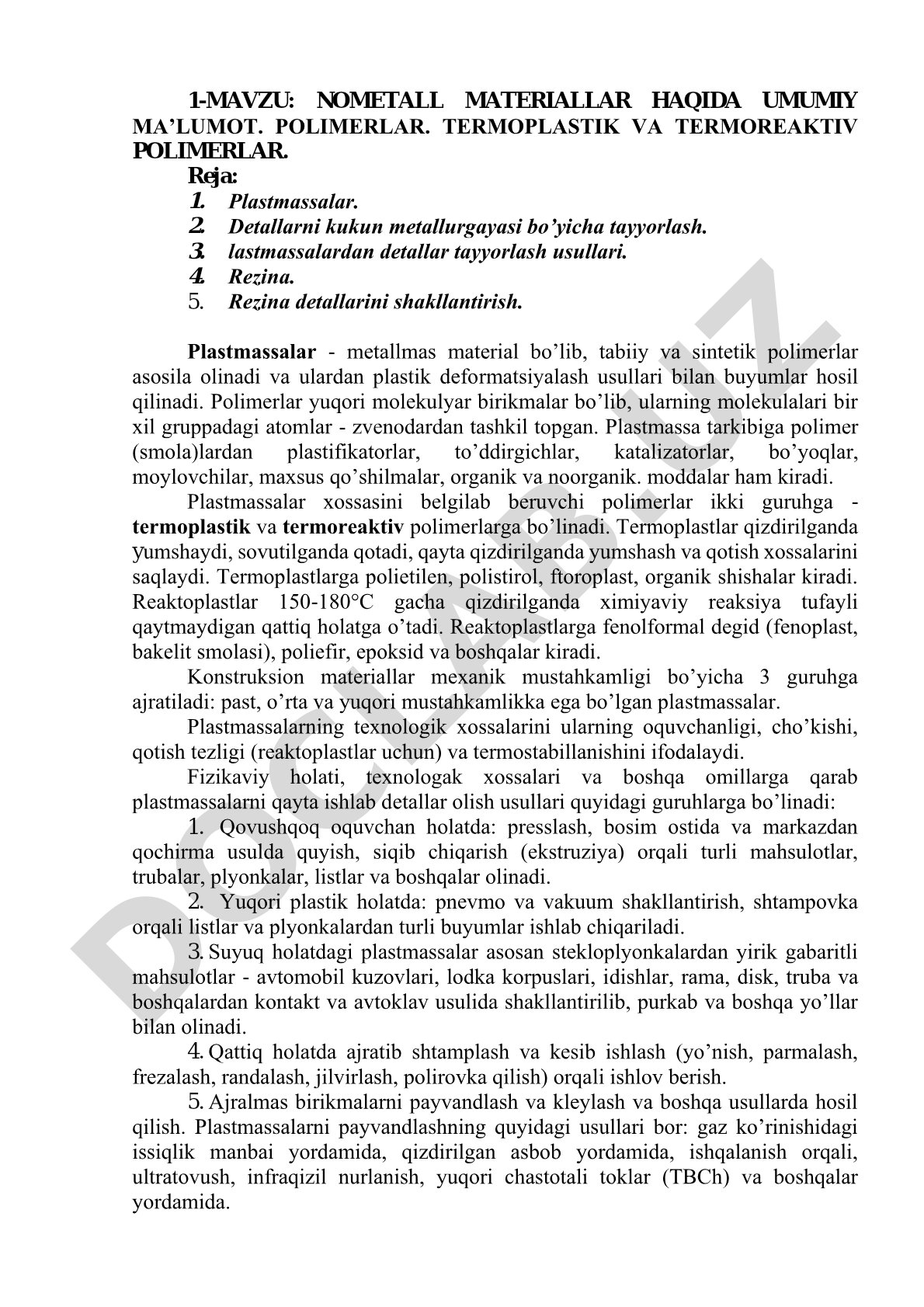 Nometall materiallar haqida umumiy ma'lumot. Polimerlar. Termoplastik va termoreaktiv polimerlar