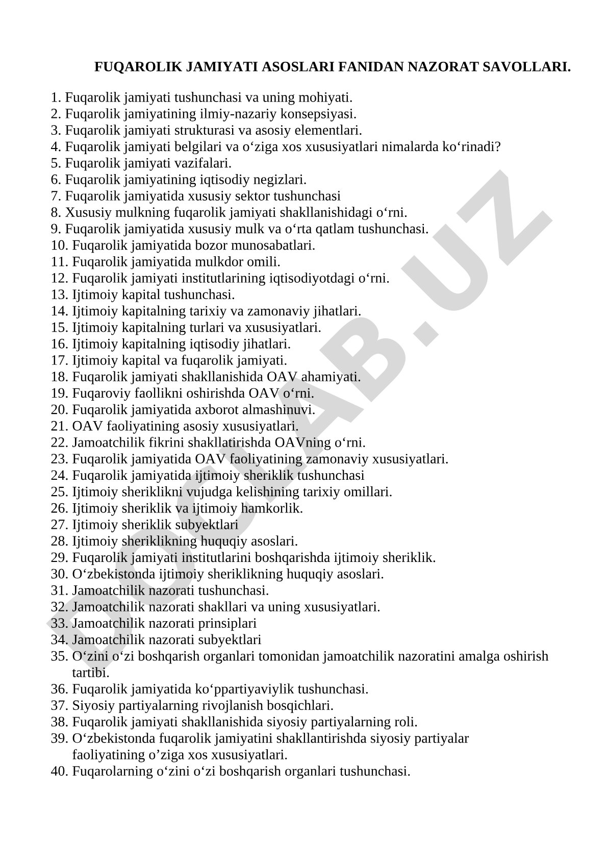 Fuqarolik jamiyati asoslari fanidan nazorat savollari