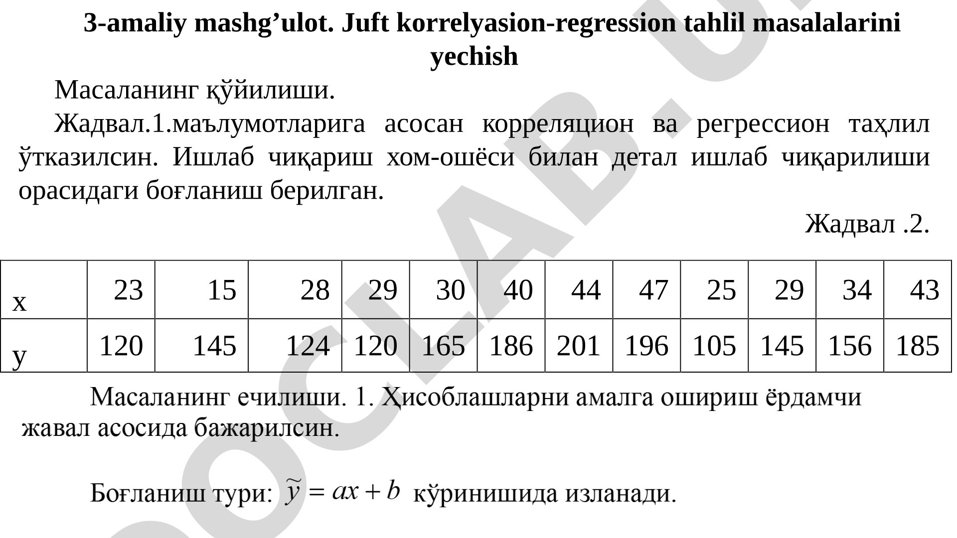 3-amaliy mashg’ulot. Juft korrelyasion-regression tahlil masalalarini yechish