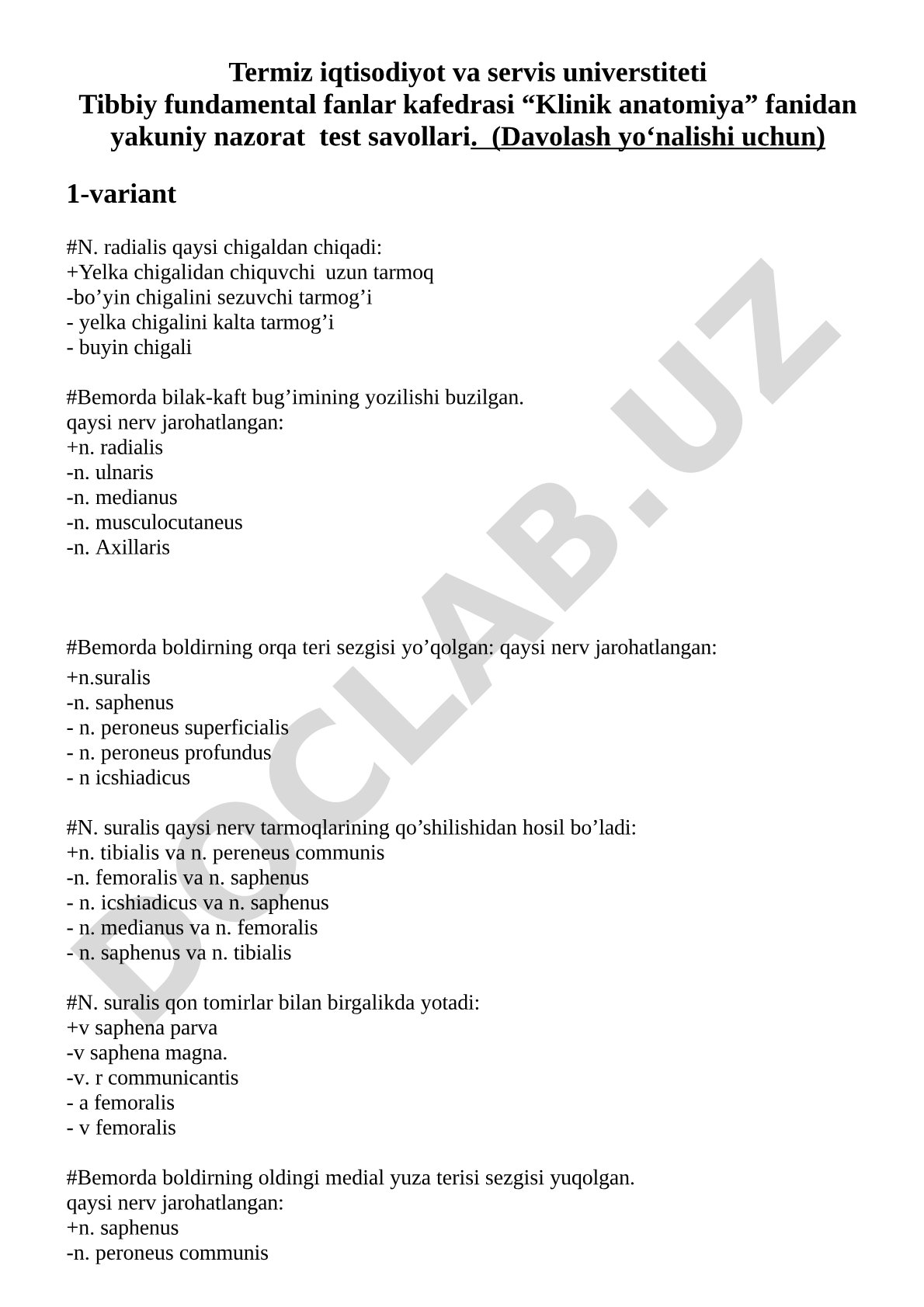 Klinik anatomiya fanidan yakuniy nazorat test savollari (1-variant)