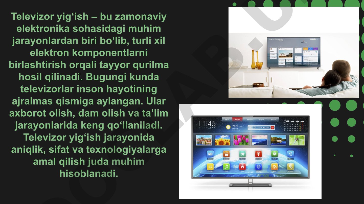 Televizor yig‘ish jarayoni, asosiy qismlar va komponentlar haqida ma'lumot