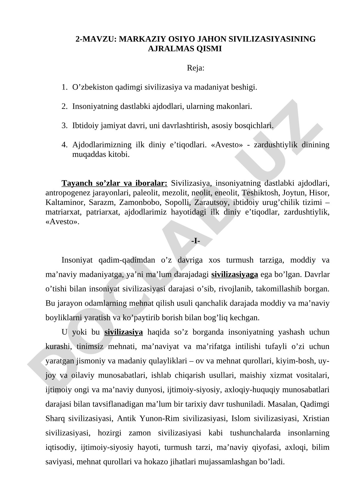 Markaziy Osiyo jahon sivilizatsiyasining ajralmas qismi