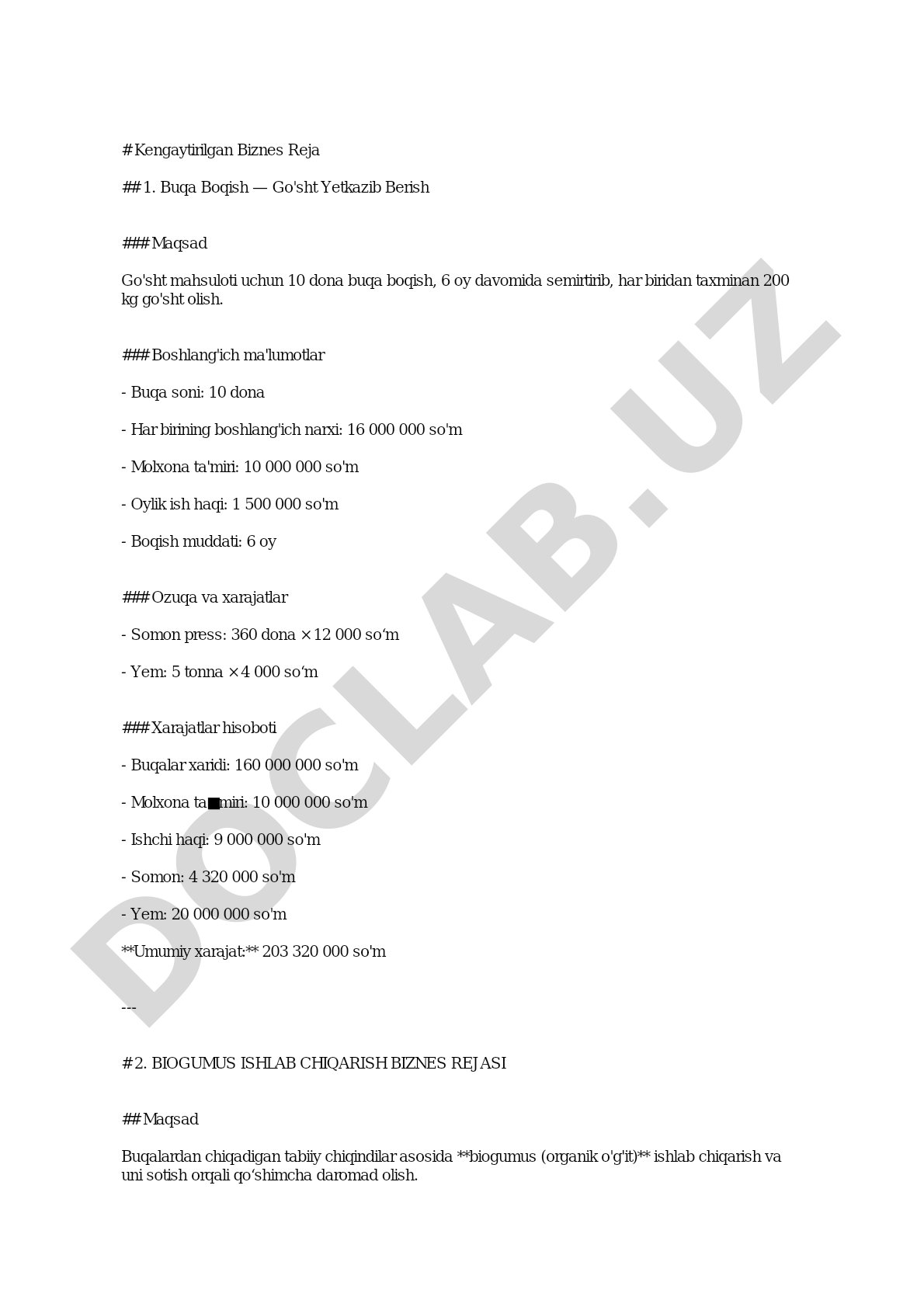 Go'sht yetkazish uchun 10 buqa boqish va biogumus ishlab chiqarish loyihasi